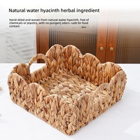 Panier de rangement rectangulaire en jacinthe d'eau naturelle tressé à la main, écologique, pour cuisine et salle de bain, avec bords ondulés et doubles poignées