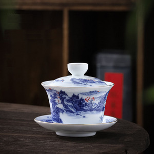 Juego de Té de Cerámica Azul y Blanca de 160 ml, Sancai <span class=keywords><strong>Gai</strong></span> Wan, Taza de Té Kongfu, Taza de Té China Jing Cha Wan - Product Image 4