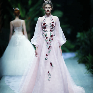 Precioso cuello alto mangas largas abullonadas <span class=keywords><strong>una</strong></span> línea punto tul Rosa vestidos de fiesta de noche con flores hechas a mano de colores - Product Image 1