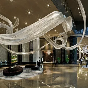 Luminária de pingente para salão de banquetes de hotel grande personalizado, luminária de luxo com fita de seda branca, iluminação decorativa para decoração