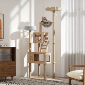 Árbol para gatos moderno de madera de 73 pulgadas, con diseño de vientre y patas de gato, cojín de felpa extraíble para una fácil limpieza - Product Image 1