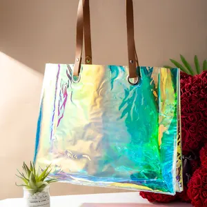 Custom Printed Logo Waterproof PVC Iridescent Tote Shopping Bags Luxury Laser Tote Holographic Handle Bag