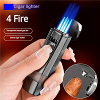 Briquet de luxe en gros avec coupe-cigare, torche à 4 flammes, briquets en métal personnalisés, rechargeable au gaz et coupe-vent portable