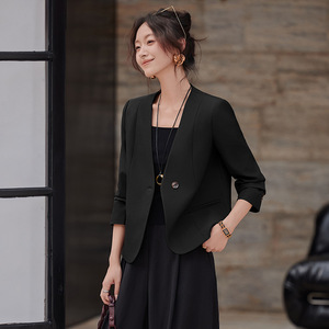 Women's Collarless Blazer Solid Color Polyester Anti-Wrinkle Short Suit Jacket For Spring Autumn Professional Casual Wear - Product Image 4