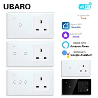 Interruptor de Pared Inteligente WiFi Estándar del Reino Unido Serie 146 y Enchufe Combinado con Panel de Vidrio Templado Compatible con Alexa y Google Assistant