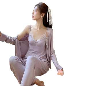 Conjunto de Pijama de Tres Piezas para Mujer, Estilo Princesa, Viscosa, con Relleno, con Tirantes, Sexy, Camisola de Manga Larga, Bata, Ropa de Dormir - Product Image 1