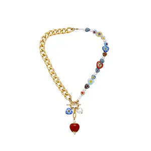 Colorful Murano Glass Love Heart Flower Bead Necklace Gold Chain Heart Pendant OT Clasp Necklace
