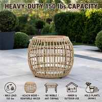 Table d'appoint extérieure en rotin tressé, table ronde de patio avec plateau en bois d'acacia pour jardin, cour, balcon