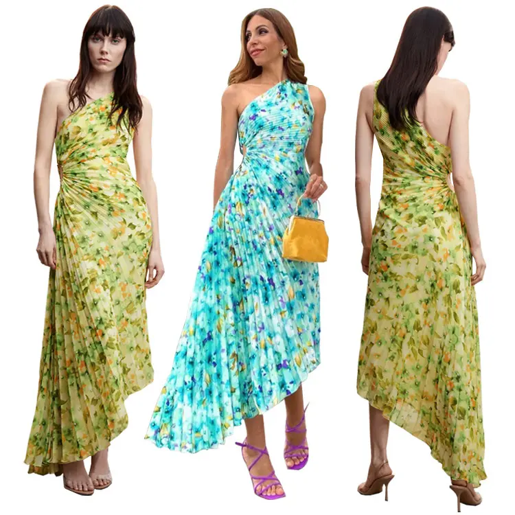 2023 New fashion one-shoulder floral print pleated dress skirt women sexy elastic slim party maxi dresses