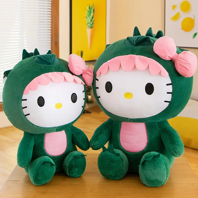 green KT Cat Dinosaur Plush Toy Kawaii Sanrio Cartoon Doll Room Decoration pillows Birthday gift for children