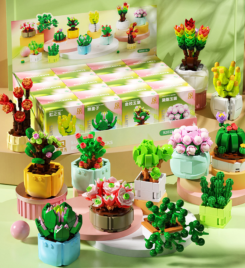QIZHILE Succulents Building Block Surprise Box Toys DIY