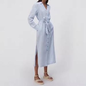 Nouvelle arrivée, robe d'automne de haute qualité, style décontracté et professionnel, robe à rayures à col en V, 100% coton, robe polo pour femmes - Product Image 2