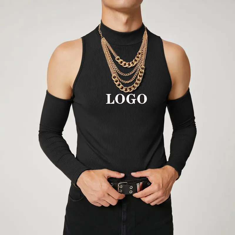 OEM Service Polyester Breathable Casual Off Shoulder Hollow Long Sleeve Sexy Slim Custom Logo Men Tank Top