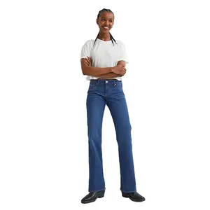 Phong cách giản dị thoải mái Zip Fly thiết kế mới tùy chỉnh thực hiện thấp tầng rộng bùng jeans phụ nữ cao Eo Túi trang trí Rắn
