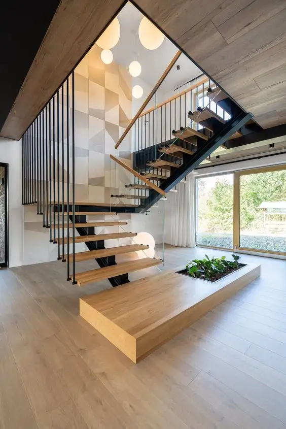 Brilho estético para elevar escadas, peças requintadas, degraus, escadas flutuantes em forma de U para ambientes internos, trilhos
