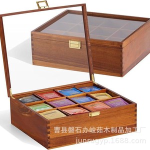 Boîte de rangement rectangulaire en bois pour sachets de thé, compartimentée, avec couvercle en verre, pour emballage de thé, café, capsules et bijoux - Product Image 1
