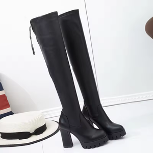 Botas Largas de Mujer de Piel Genuina con Punta Puntiaguda, Tacón Grueso y Sexy, Antideslizantes para Exteriores, Color Negro - Product Image 6