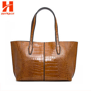 Aangepaste Logo Vrouwen Bruine Krokodil Reliëf Pu Lederen Polyester Voering Faux Lederen Daily Office Lady Tote Bags - Product Image 4
