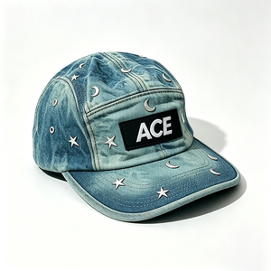 Casquette de camping unisexe 5 panneaux en denim délavé vintage avec rivets métalliques et patch ACE, option logo personnalisé, style Y2K, streetwear, chapeau d'extérieur - Product Image 5