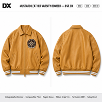 Blouson Bomber Varsity Personnalisé en Cuir PU Moutarde avec Patch Étoile Boussole et Bordure Côtelée Rayée Raglan pour Fabricants OEM ODM de Marques