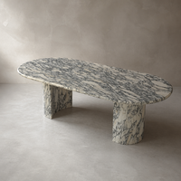 Table à manger ovale de luxe en marbre, pierre naturelle Arabescato, base à double cylindre, mobilier moderne sur mesure pour hôtel, 6 places