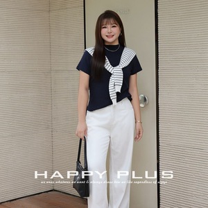 Camiseta de Manga Corta con Cuello Alto para Mujer Happy Plus, Talla Grande, Tejida, de Color Sólido, Clásica, en Negro, Gris y Azul Marino - Product Image 4