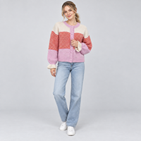 Cardigan en maille élégant pour femme, à blocs de couleur et rayures, col rond, boutonnage frontal, poignets à volants et manches bouffantes, style décontracté, faible MOQ
