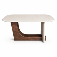 Table à manger moderne en pierre, base en placage de noyer, coins sculptés arrondis, plateau en marbre semi-translucide, vente en gros d'usine, sur mesure