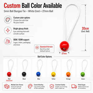 5mm Ball Bungee Tie Cord 27mm Plastic Ball 20cm Elastic Loop for Tarp <b>Tent</b> <b>Canopy</b> Banner Outdoor Use - Product Image 4