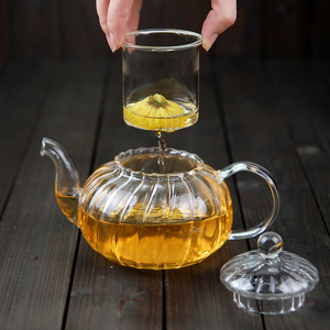 Service à thé en verre résistant aux hautes températures <span class=keywords><strong>Théière</strong></span> transparente à fleurs de <span class=keywords><strong>citrouille</strong></span> rayée Filtre <span class=keywords><strong>théière</strong></span> intérieure 600ml usine en gros - Product Image 2