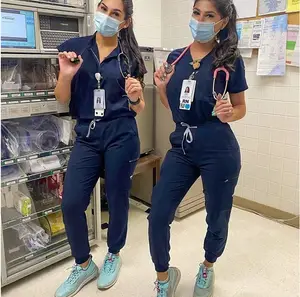 Модная унисекс Униформа скрабы медицинский производитель стрейч униформа медсестры темно-синий тканый для женщин 65 комплектов