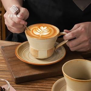Tasse à café et soucoupe en céramique rétro vintage FENN, forme de corne unique, poterie en argile, tasse à café <span class=keywords><strong>latte</strong></span>, tasse japonaise faite à la main pour café - Product Image 2