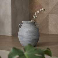 Pot Bunga Keramik Abu-abu Gaya Rustic Wabi Sabi ARM LVG, Vas Keramik Dekoratif Bentuk Antik Vintage, Wadah Bunga Desainer