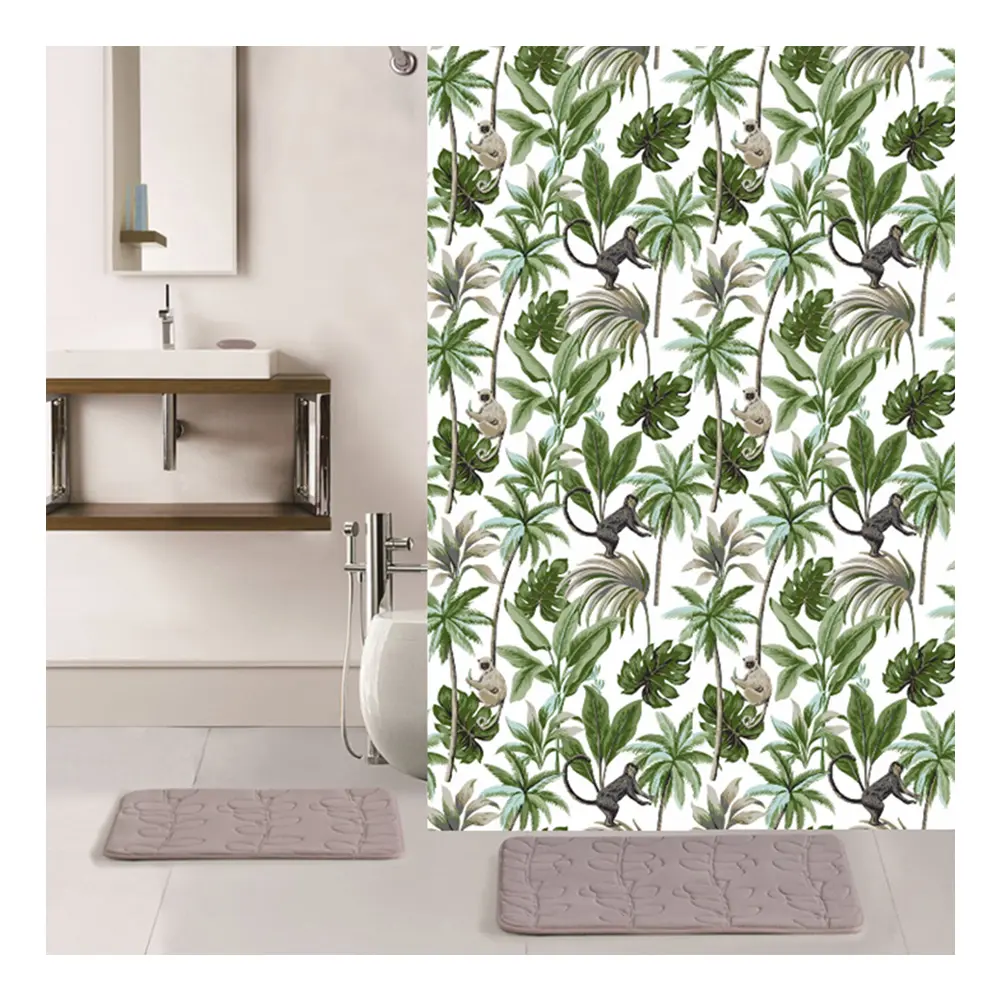 CF BCP559 Impreso Hojas tropicales Planta Fondo blanco Cortina de ducha floral para baño y bañeras