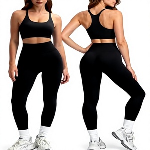 Ensemble soutien-gorge de sport sans couture et leggings pour femme, noir, bretelles spaghetti, col rond, taille haute, yoga, fitness, activewear, maintien moyen - Product Image 2