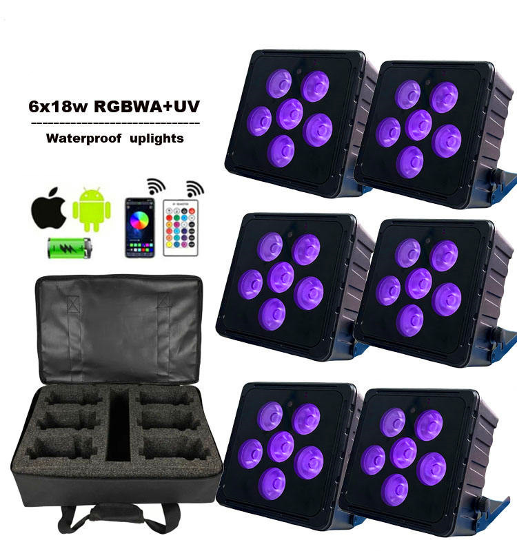 6pcs Wireless DMX 6*18W RGBWAUV IP65 Waterproof Lithium Battery Powered High CRI 90 LED Par Wash Lights