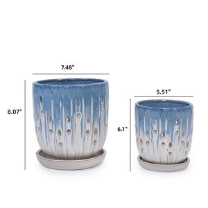 Ensemble de pots de fleurs en céramique dégradé bleu-blanc faits à la main, grand pot de fleurs d'intérieur/extérieur pour orchidées et succulentes 7,48\"8,07\" - Product Image 2