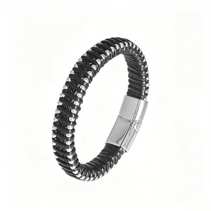 Handmade Woven Titanium Steel Leather <b>Bracelet</b> For Men Black <b>Silver</b> Magnetic Buckle <b>Bangle</b> 7.5 8.5 9 Inches Gift Jewelry - Product Image 3