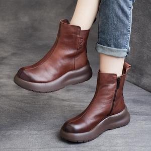 Bottines à talon carré en cuir véritable, style britannique élégant, à lacets, confortables pour l'automne et l'hiver - Product Image 1