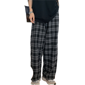 Pantalon long respirant pour femme, coupe droite polyvalente, taille mi-haute, fermeture éclair, imprimé à carreaux, poches, été - Product Image 1