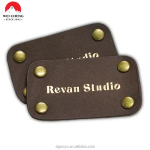 Two Layers Fake PU Leather Design Custom Printed Name Pressure Rivet Jacket Labels Patches with Metal Letters Logo