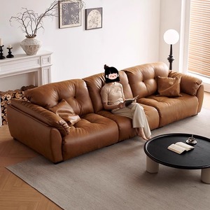 Retro Cloud Shape Genuine Leather <b>Sofa</b> Straight Design Oil Wax Leather Couch With Adjustable Backrest For <b>Small</b> Living Room - Product Image 3
