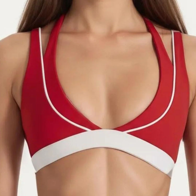 OEM Custom Manufacturers Color Block V Neckline Strappy Double Layered U-Back Contrast Trim Halter Workout Sports Bra for Women