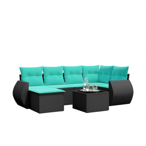 Conjunto de Sofás de Patio de Ratán Sintético Negro con Cojines, Muebles de Exterior de 7 Plazas, Diseño Moderno - Product Image 1