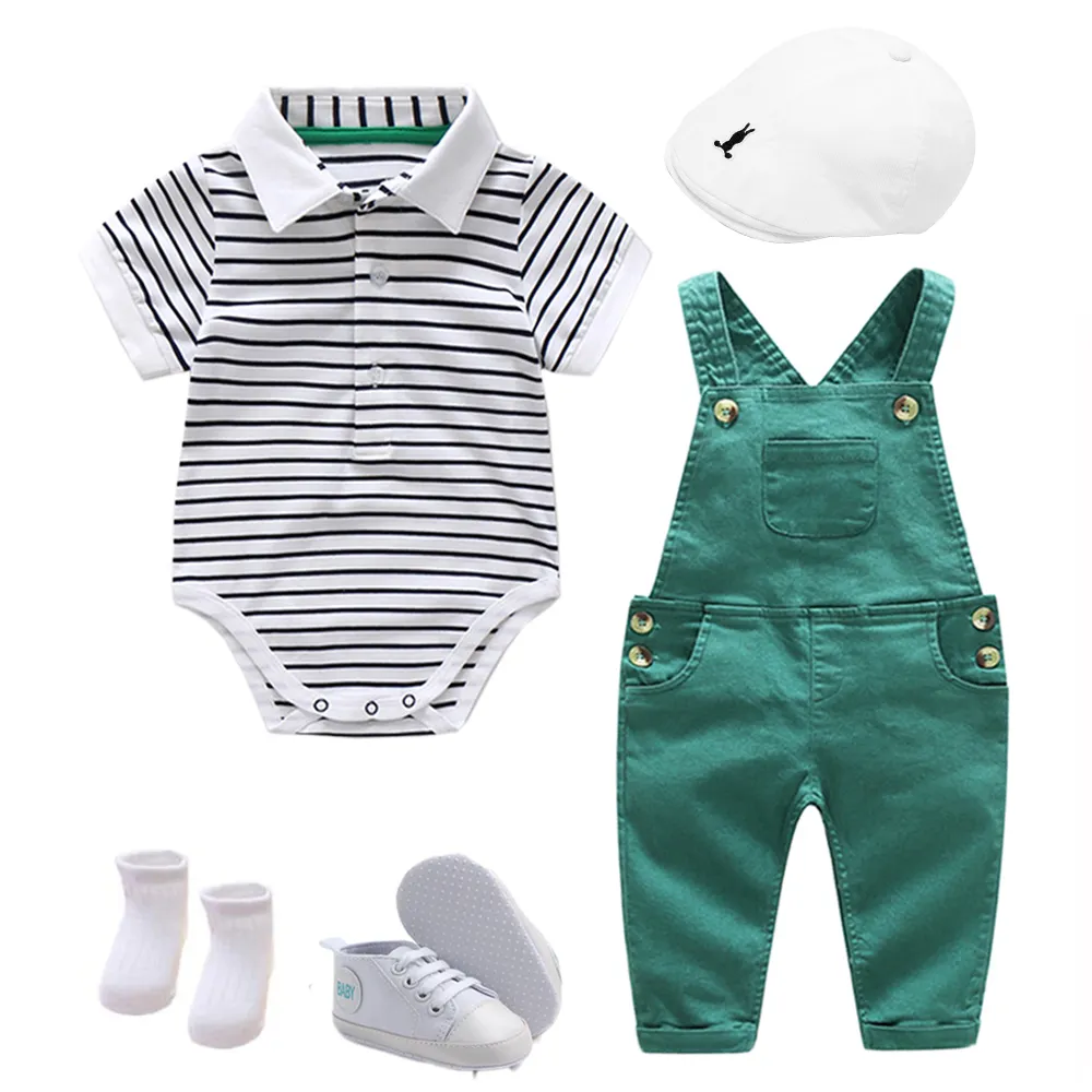 Yaz bebek pamuk çizgili Romper seti 5 adet genel şapka yenidoğan kısa moda çocuk giysileri bebek giyim seti nefes giymek