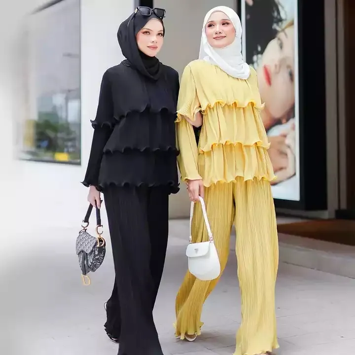 Ladies 2 Piece pleated Set/suit of Waves 3 Layers Solid Color Office wear Sets for Modest Muslim women Abaya suits with pants