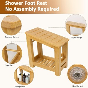 Mu Shunge Bamboo <b>Shower</b> Stool 50x35x40 Cm Double Layer Storage <b>Rack</b> For Bathroom Toiletries And Footrest - Product Image 2