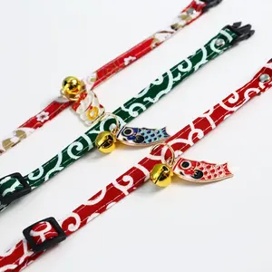 Entzückendes Chirimen-Katzen halsband mit Glücks glocke, hand gefertigtes Druck halsband im japanischen Stil für Kätzchen Halloween Christmas Etc - Product Image 6