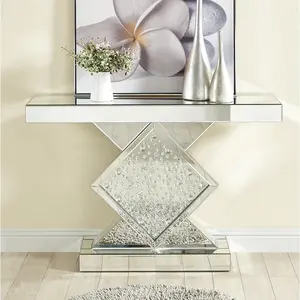 Modern tall console table mirrored furniture Diamond crushed glass mirror tabletop mirrored console table vanity table