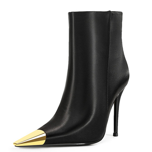 Dress Stiletto Gold Metal Toe Ankle Boots Sexy Women's Big Size 45 Short Boots High Heels Side Zipper Wide Fit <b>Shoes</b> - Product Image 2